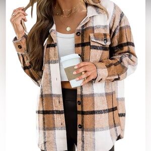 Women's Tan and Black Plaid Button-Down Shirt